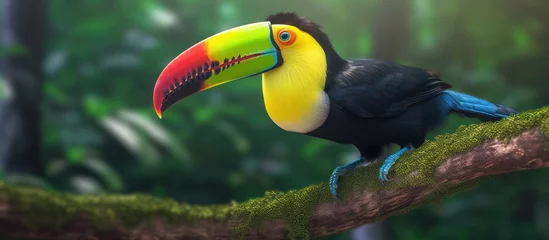 Zelfklevend Fotobehang Keel-billed toucan - Ramphastos sulfuratus also known as sulfur-breasted toucan or rainbow-billed toucan, on a log with forest blur background © gufron