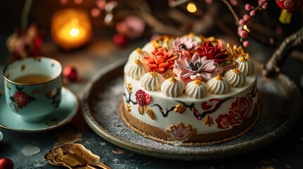 Obraz na płótnie Canvas Lunar New Year-themed cake with ornate decorations, symbolic motifs, and festive details, set against a celebratory backdrop