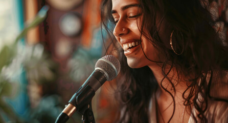 a woman with headphones in recording studio smiling with a microphone