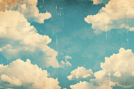 retro sky pattern on old paper texture. raster halftone vintage clouds.