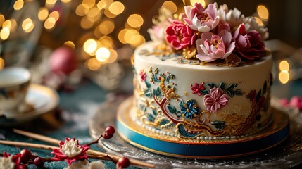 Lunar New Year-themed cake, with ornate decorations, symbolic motifs, and festive details, set against a celebratory backdrop