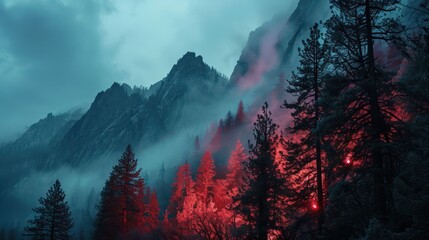 misty mountain range illuminated by bold crimson lights, capturing a breathtaking and powerful natural vista - Powered by Adobe