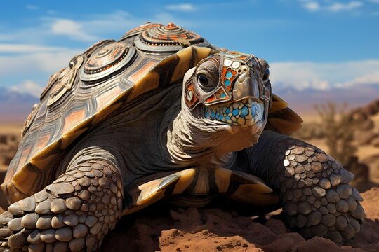 The expressive eyes of a wise old tortoise, surrounded by the rugged landscape of a desert, its shell adorned with patterns created by time.