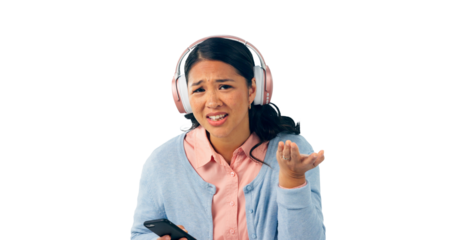 Asian woman, portrait and confused with smartphone, headphones for music with why question. Japanese girl, streaming audio playlist and podcast in Japan with png, isolated and transparent background