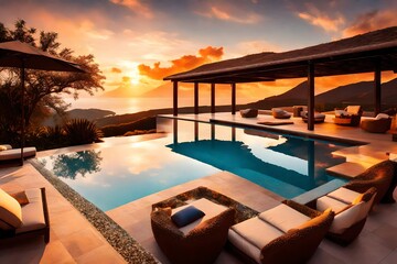 Fototapeta premium Twilight Oasis: Capturing Luxury in the Serenity of Sunset at the Poolside