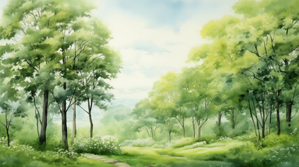 Watercolor painting of a lush and lush forest.