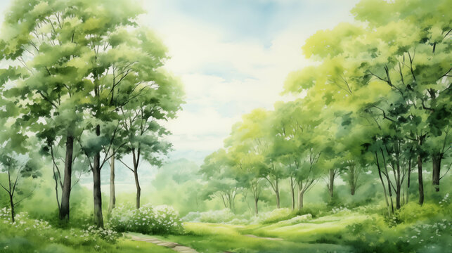 Watercolor painting of a lush and lush forest. © Gun