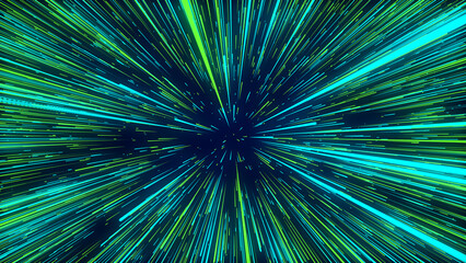 Abstract universe explosion. Dynamics travel hyperspace. Future ray in perspective. Technology hyper speed flowing on infinity. Line data speed on background. Light star burst. 3D rendering.