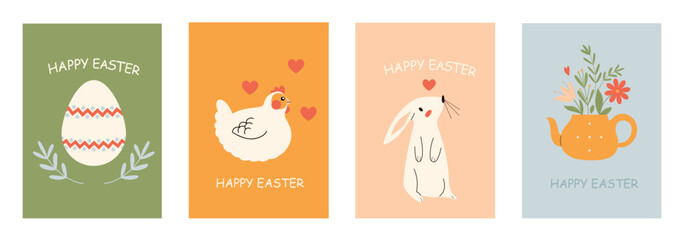 Set with four Easter holidays celebration cards, with animals, eggs and flowers. Hand drawn vector illustrations