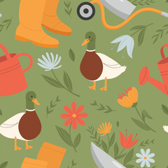 Cute seamless patter with springtime objects, hand drawn vector illustration in flat design