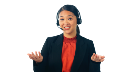 Call center, portrait and happy Asian woman in customer service, support and CRM isolated on a transparent png background. Telemarketing, consultant and face of virtual assistant on mic for questions