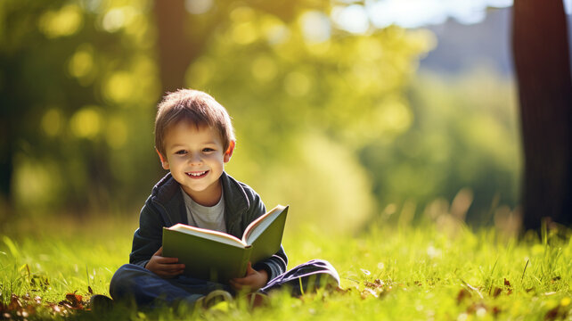 little boy smiling with book in the park back to school concept