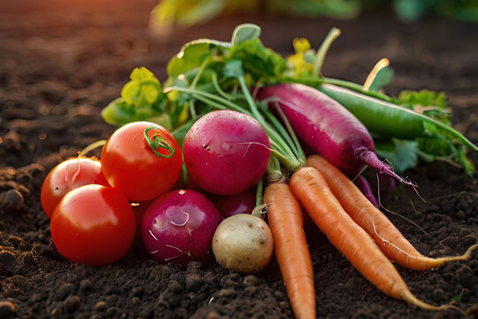 Sunset harvest. Fresh peas, radish, tomato, carrot, beetroot on farm ground. Top view of healthy organic food.