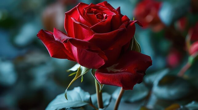 the beauty of romance by featuring a close-up shot of a single red rose against a blurred background capturing the timeless symbol of love