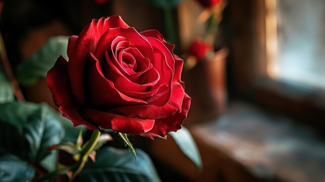 the beauty of romance by featuring a close-up shot of a single red rose against a blurred background, capturing the timeless symbol of love