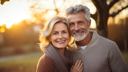 middle aged couple smiling in the park at sunset background