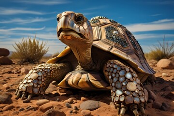 The expressive eyes of a wise old tortoise, surrounded by the rugged landscape of a desert, its...