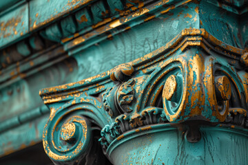 Detail of a classical column. Verdigris and gold. Background image. Created with Generative AI technology