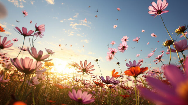 panorama view of beautiful field of flowers with flying petals at sunrise