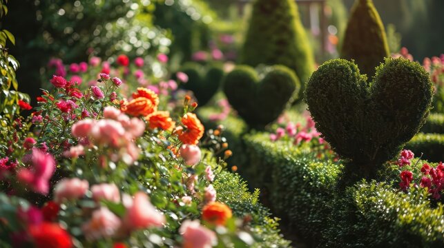 the charm of a beautiful romantic Day garden with an image of heart-shaped topiaries and blooming flowers