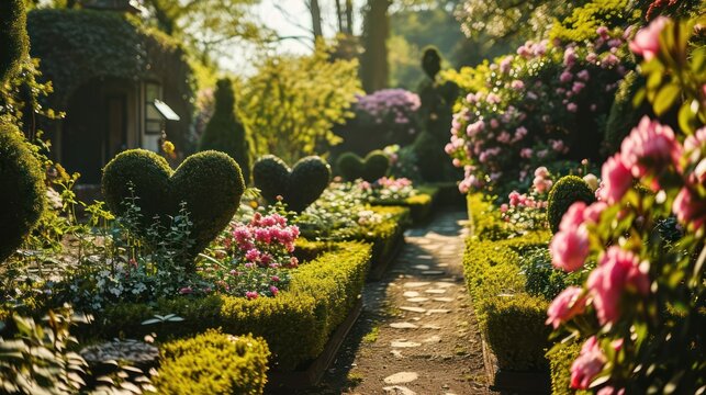 the charm of a romantic Day garden with an image of heart-shaped topiaries and blooming beautiful flowers