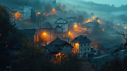 the charm of fog-draped villages under golden lights, creating a timeless and idyllic countryside atmosphere