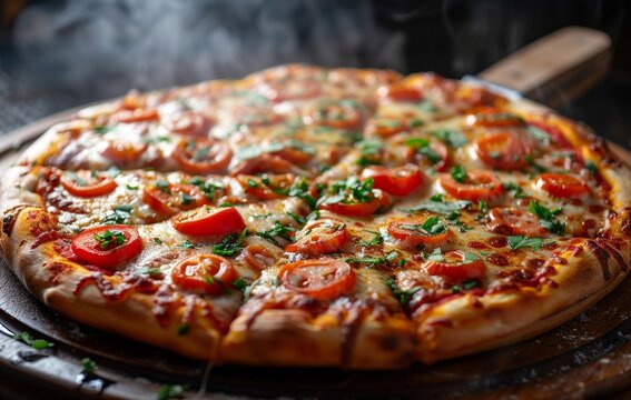 A pizza fresh out of the oven, american food image