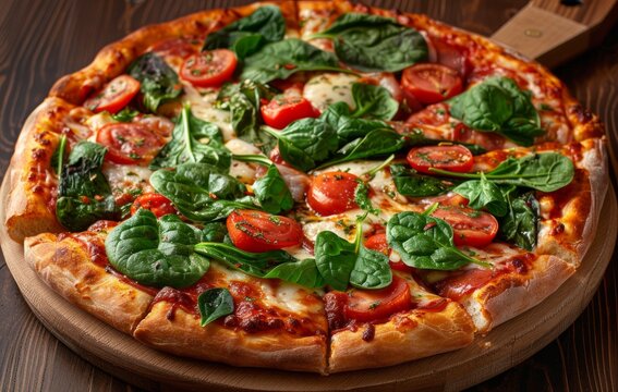A pizza topped with spinach and vegetables, american food picture
