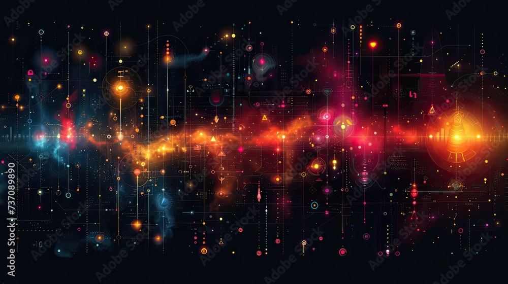 Poster a dark illustration of a technical system with colorful lines connecting different flow states