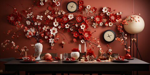 a table set under red leaves in the garden Spooky Halloween celebration with glowing lanterns and rustic decorations outdoors red wall filled with wall clock and other decorations.