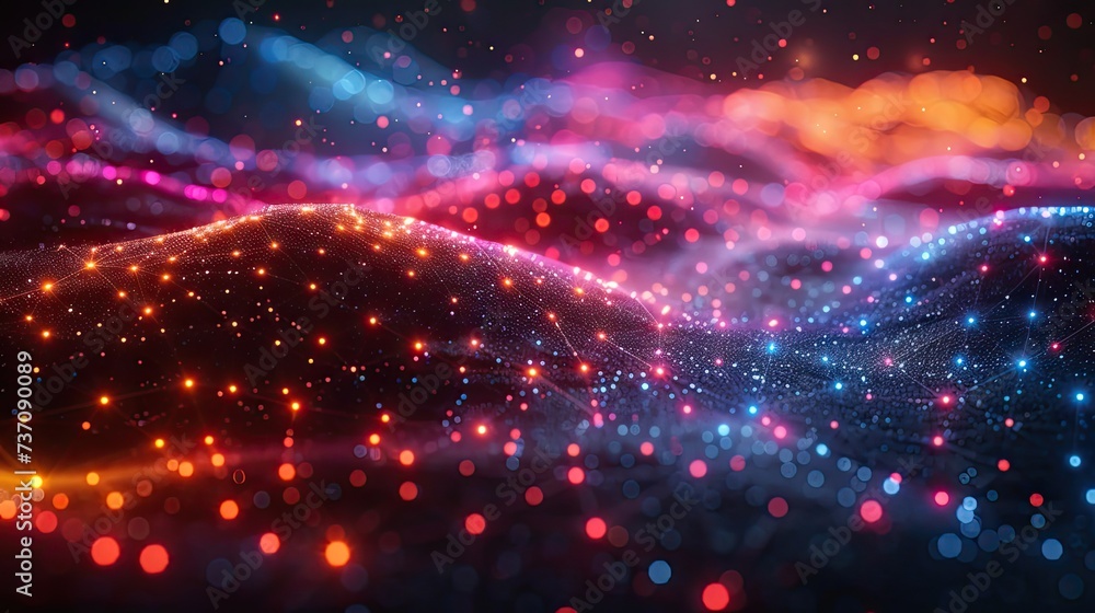 Poster a dark illustration of a technical system with colorful lines connecting different flow states