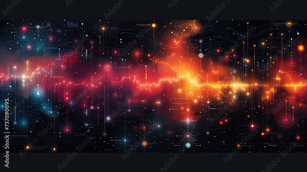 Poster a dark illustration of a technical system with colorful lines connecting different flow states