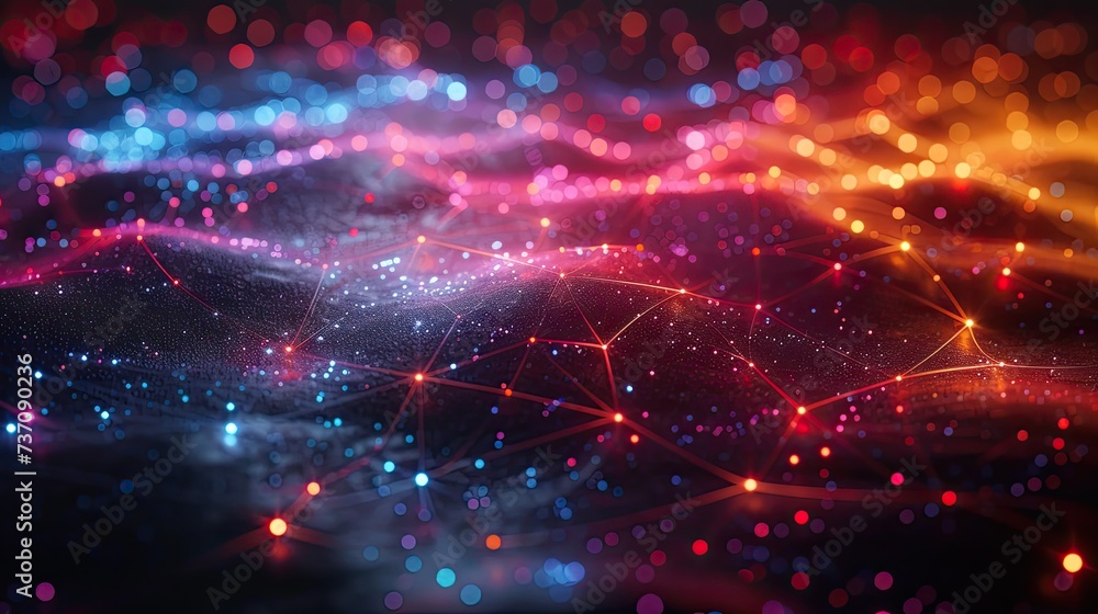 Poster a dark illustration of a technical system with colorful lines connecting different flow states