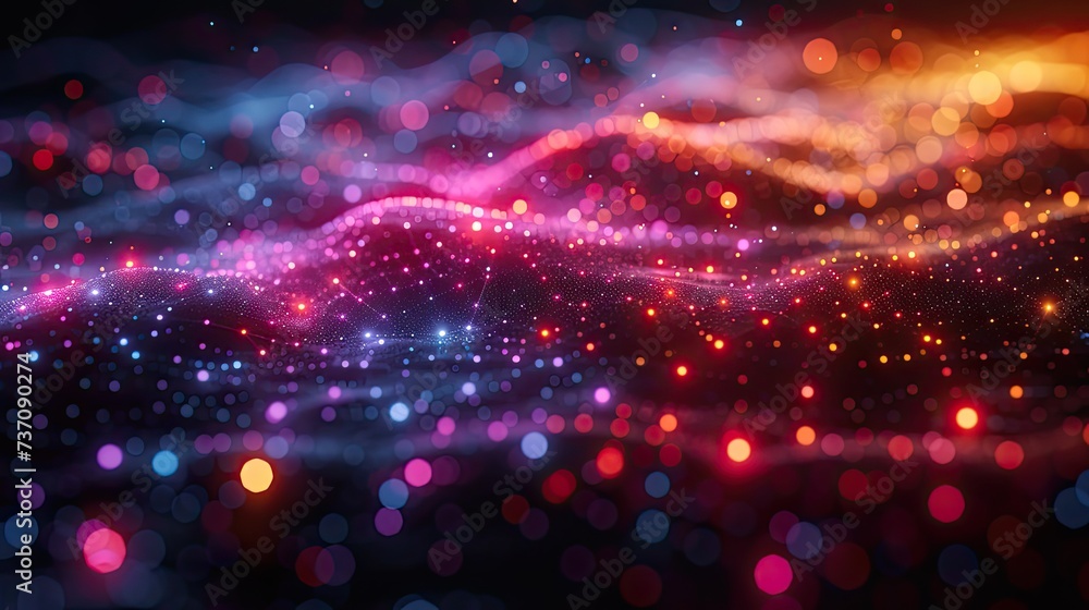 Poster a dark illustration of a technical system with colorful lines connecting different flow states