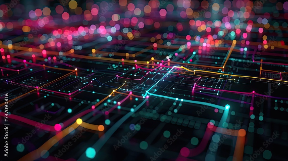 Aufkleber a dark illustration of a technical system with colorful lines connecting different flow states
