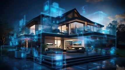 the concept of a technology integration strategy for a house purchase with an image displaying smart home symbols, tech devices, and strategic technology planning