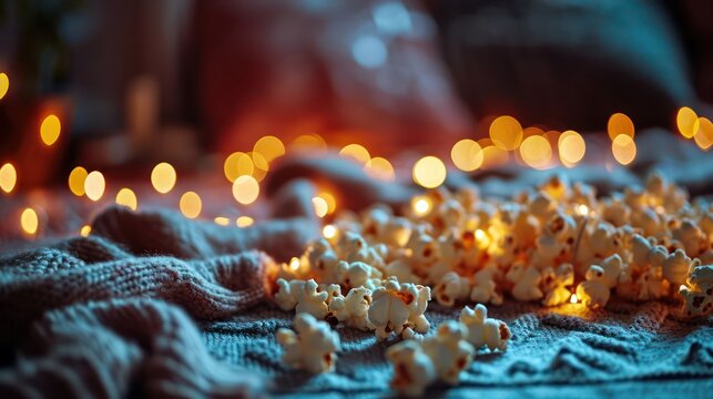 the concept of a romantic movie night on romantic Day with an image of heart-shaped popcorn and cozy blankets