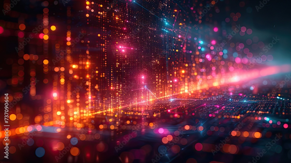 Poster a dark illustration of a technical system with colorful lines connecting different flow states