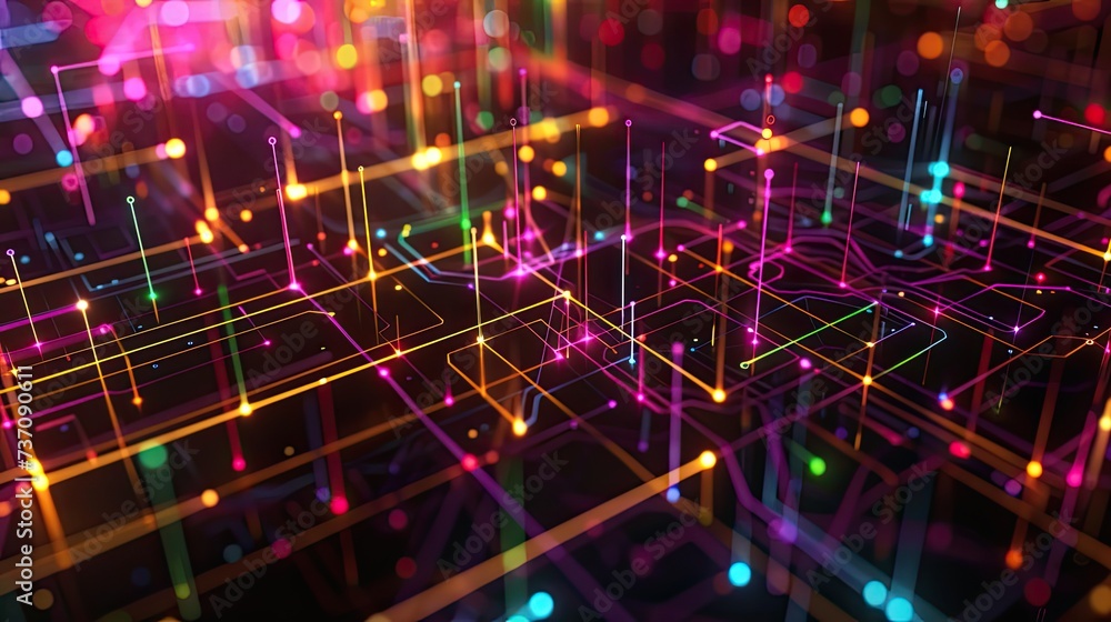Poster a dark illustration of a technical system with colorful lines connecting different flow states