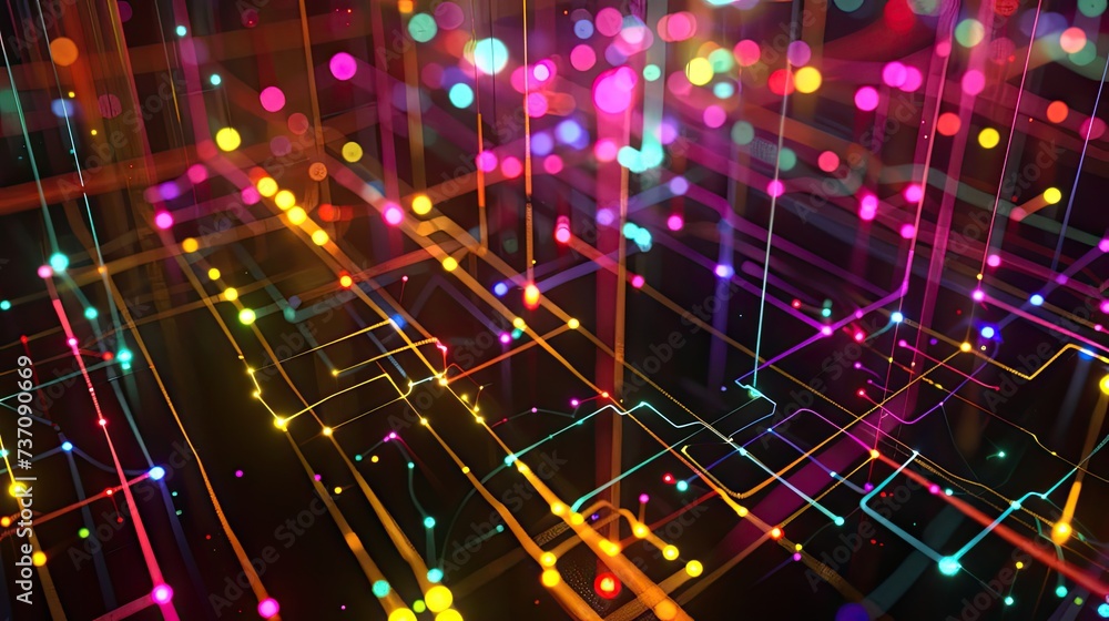 Poster a dark illustration of a technical system with colorful lines connecting different flow states