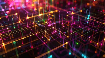 Fototapeta premium a dark illustration of a technical system with colorful lines connecting different flow states