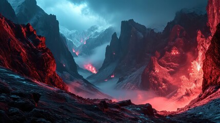 the drama of a misty mountain range illuminated by bold crimson lights, capturing a breathtaking and powerful natural vista
