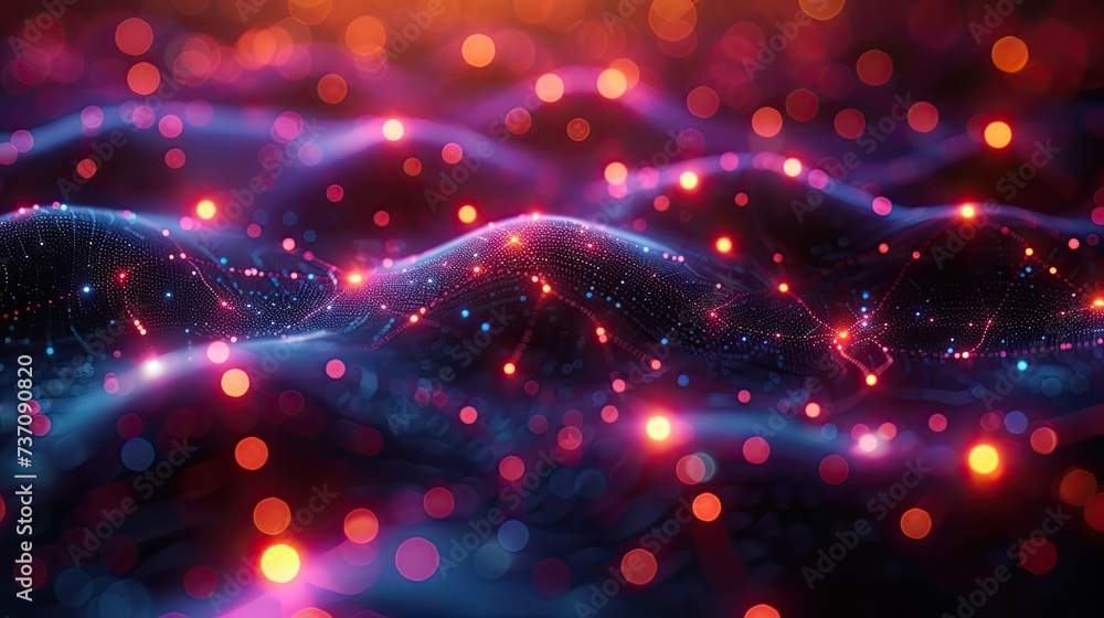 Poster a dark illustration of a technical system with colorful lines connecting different flow states