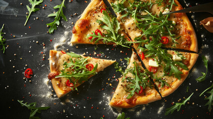 Pizza pepperoni il levitation with flying pepper isolated. Levitating pizza slices with flying arugula, butter and pepper. Set with slices of different pizzas falling. Pieces of pizza flying with herb - obrazy, fototapety, plakaty