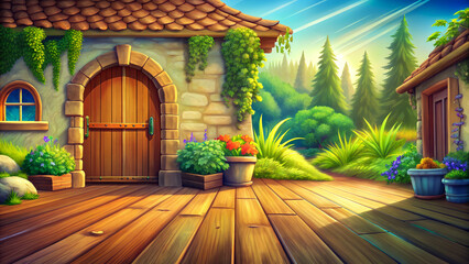 Fototapeta premium Wooden floor with wall art. Illustration of wooden floor in empty room and wall art.