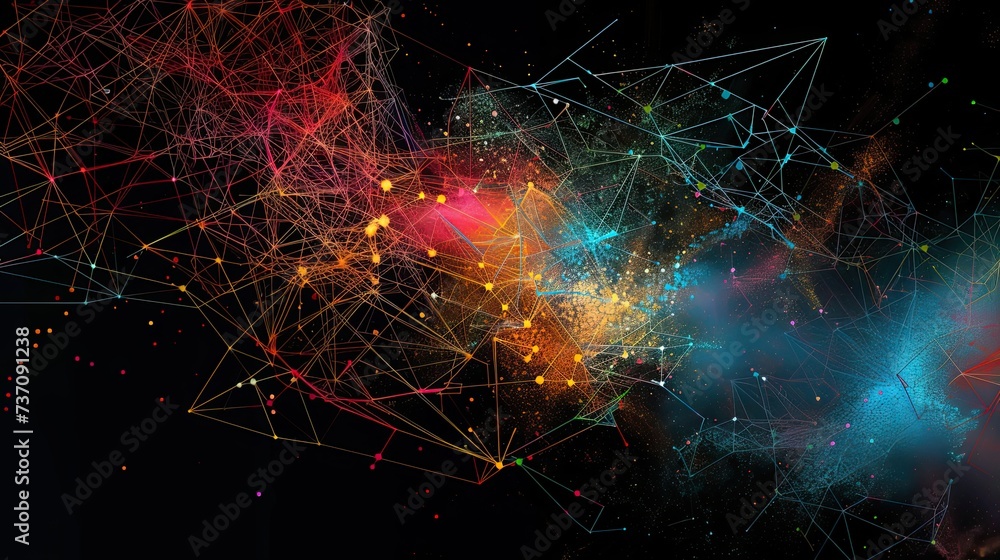 Poster a dark illustration of a technical system with colorful lines connecting different flow states