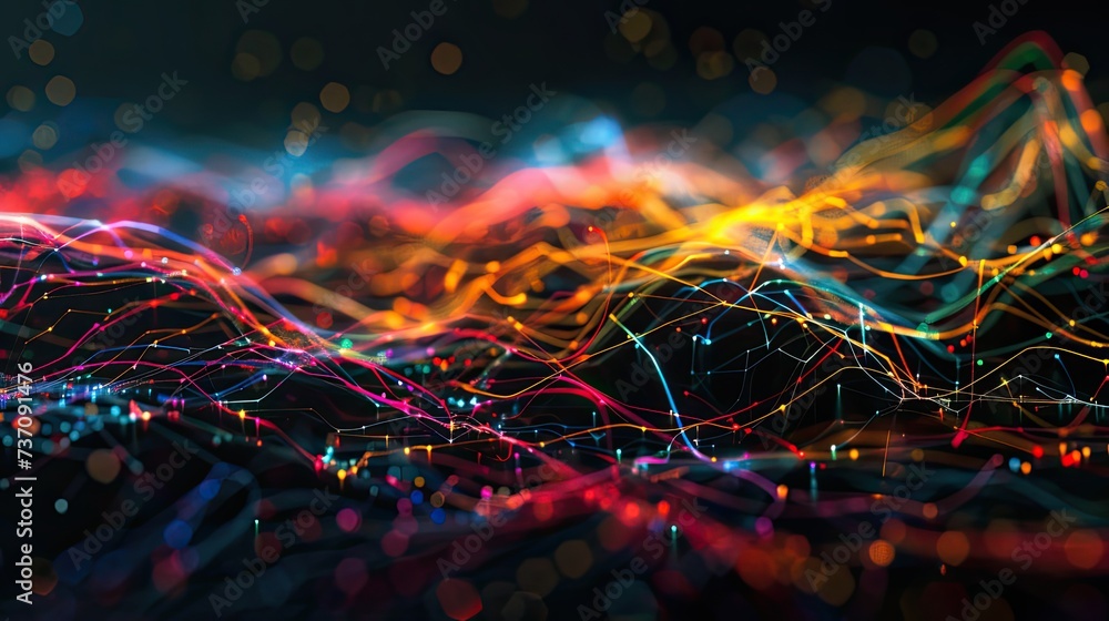 Poster a dark illustration of a technical system with colorful lines connecting different flow states