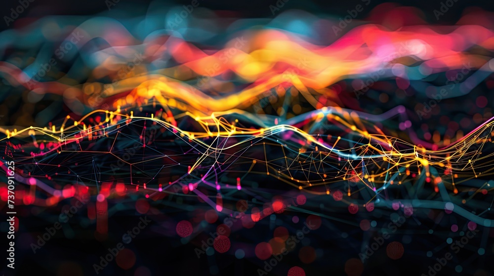 Wall mural a dark illustration of a technical system with colorful lines connecting different flow states