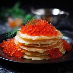 Russian pancakes crepes with red caviar, traditional food, blini close up