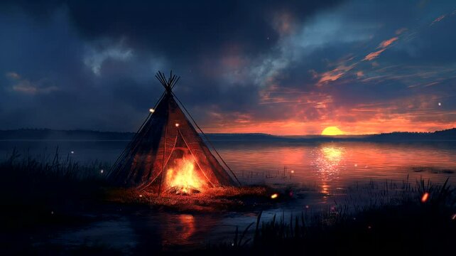 Indian tribe with bonfire at sunset in the edge of lake. Seamless looping time-lapse 4k video animation background